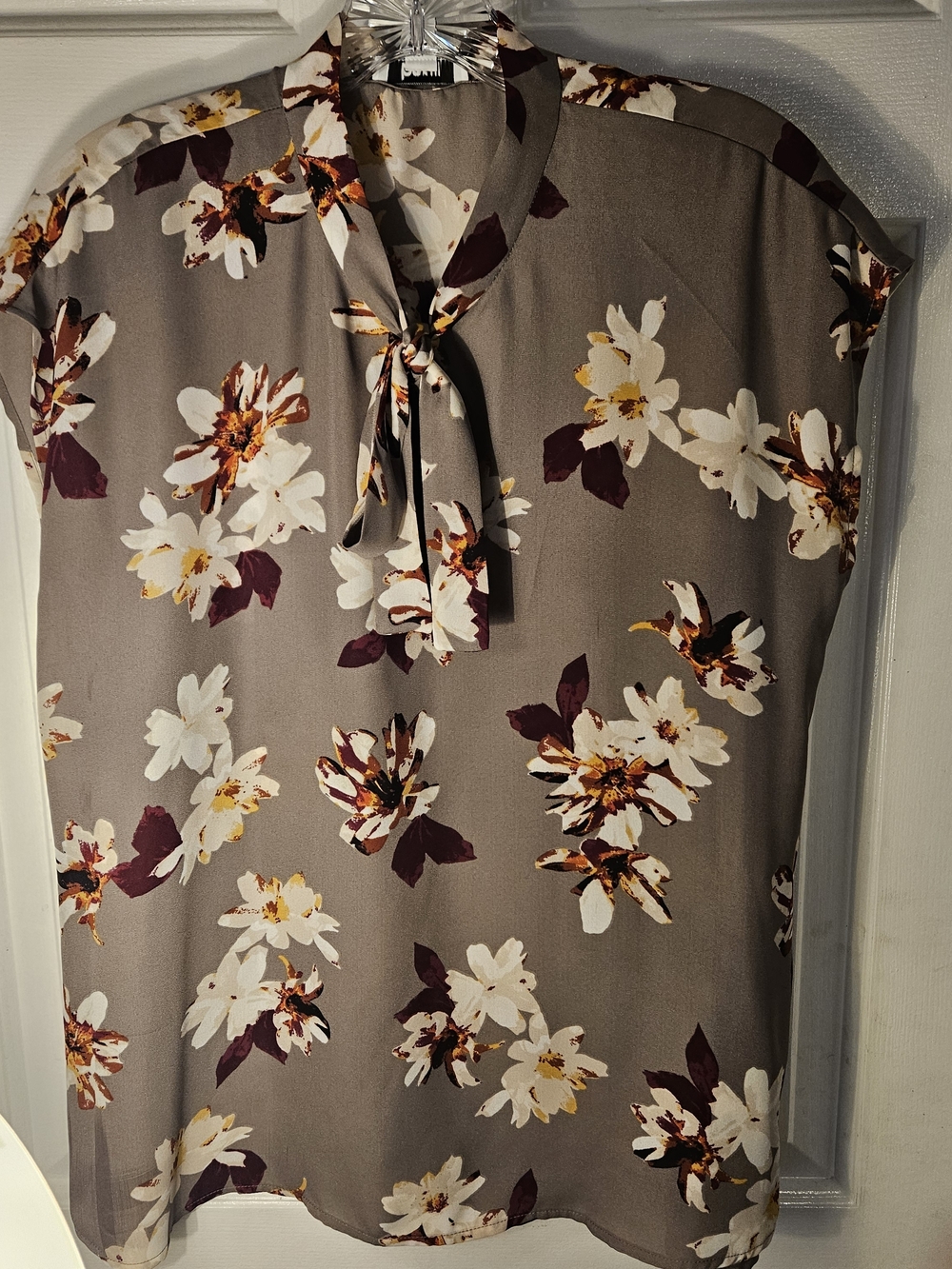 Bar III Taupe Floral Tie-Neck Blouse with White and Burgundy Flowers